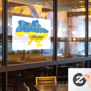 Map of Ukraine with sunflower and Ukrainian flag Window Cling