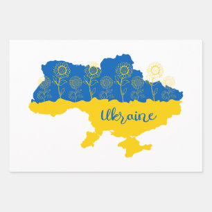 Map of Ukraine with sunflower and Ukrainian flag Wrapping Paper Sheet