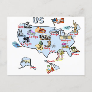 map of USA, attractions, landmarks, major cities Postcard