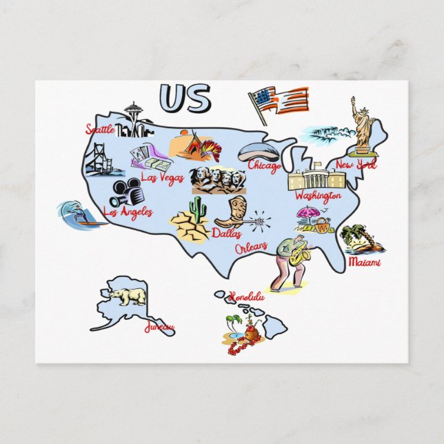 map of USA, attractions, landmarks, major cities  Postcard (Front)