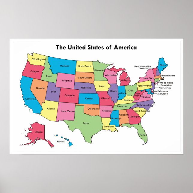 Map of USA Labelled Colour Poster (Front)