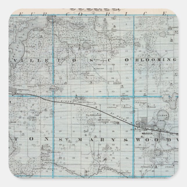 Map of Waseca County, Minnesota Square Sticker (Front)