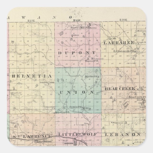 Map of Waupaca County, State of Wisconsin Square Sticker (Front)