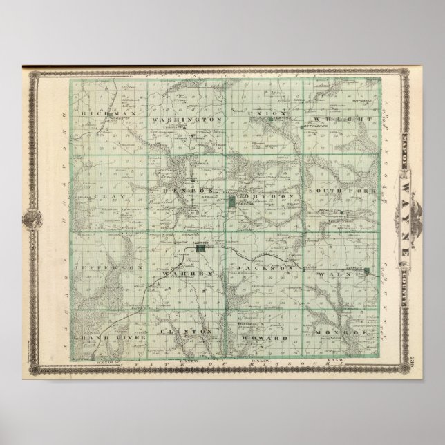 Map of Wayne County, State of Iowa Poster (Front)