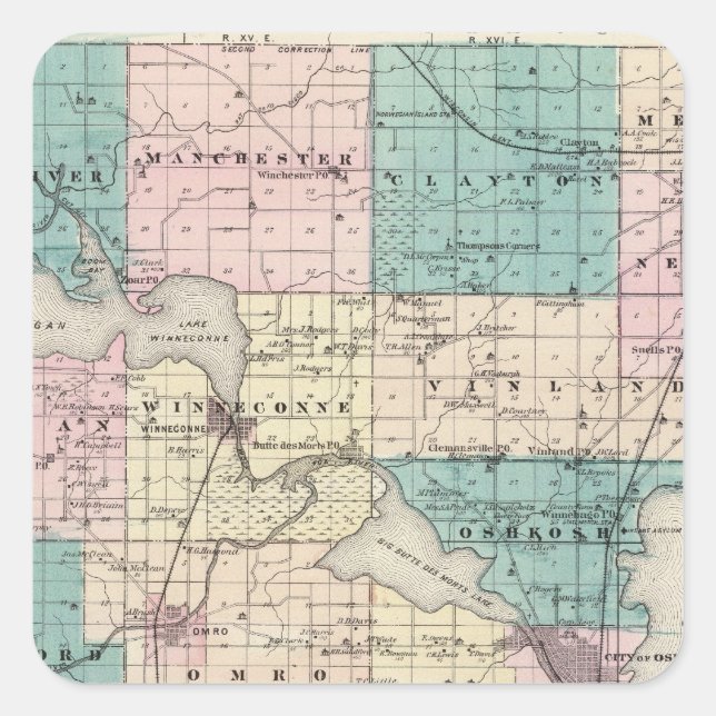 Map of Winnebago County, State of Wisconsin Square Sticker (Front)