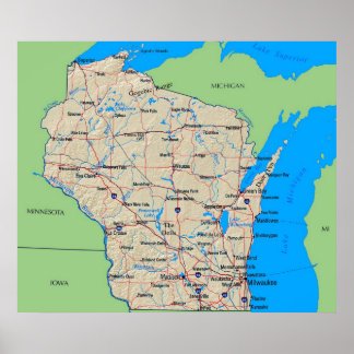 Map of Wisconsin Poster Green (in many sizes)