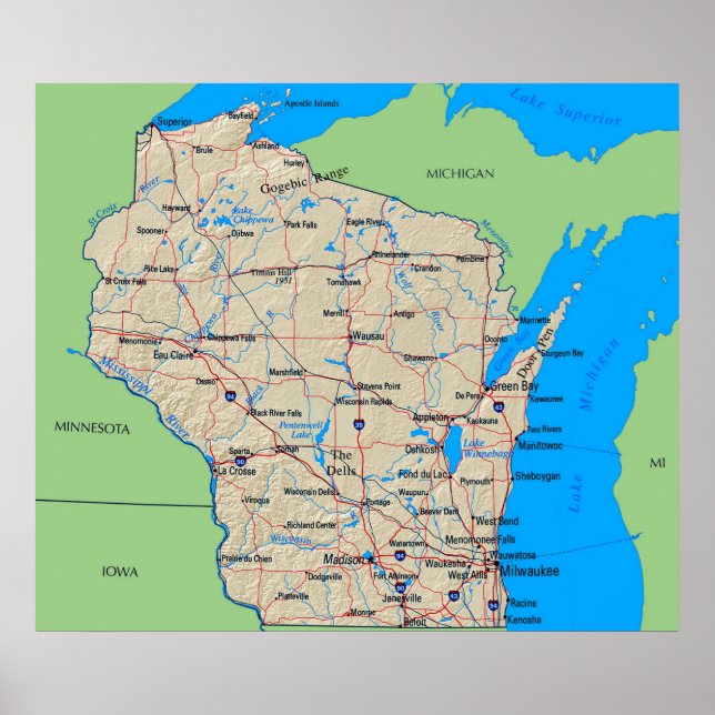 Map of Wisconsin Poster Green (in many sizes) (Front)