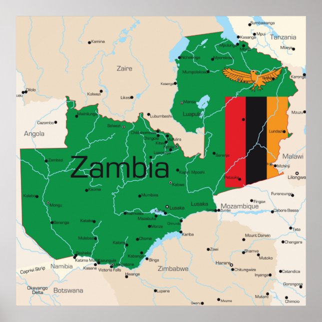 Map Of Zambia Poster (Front)