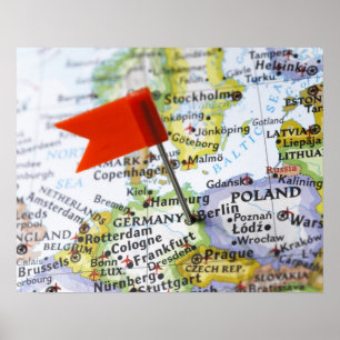 Map pin placed in Berlin, Germany on map, Poster