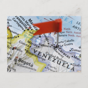 Map pin placed in Caracas, Venezuela on map, Postcard