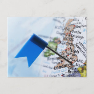 Map pin placed in London, UK on map, close-up Postcard