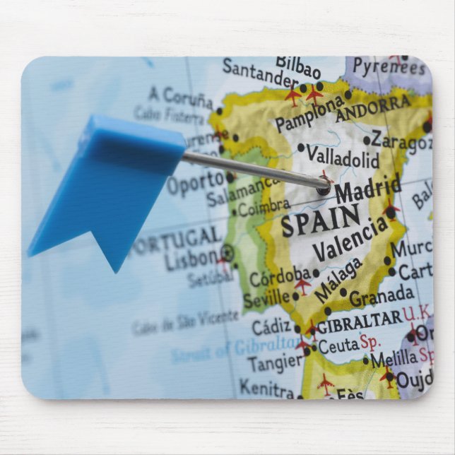 Map pin placed in Madrid, Spain on map, close-up Mouse Mat (Front)