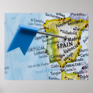 Map pin placed in Madrid, Spain on map, close-up Poster