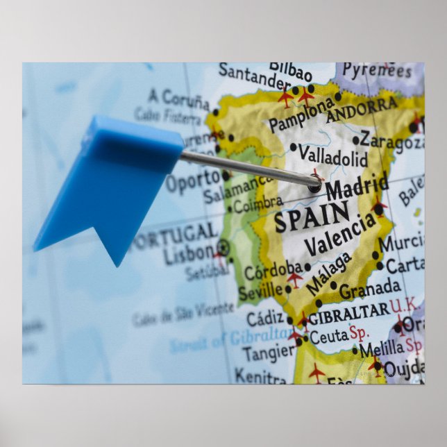 Map pin placed in Madrid, Spain on map, close-up Poster (Front)