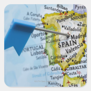 Map pin placed in Madrid, Spain on map, close-up Square Sticker