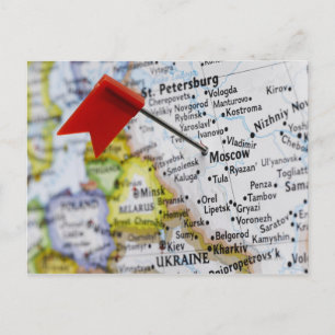 Map pin placed in Moscow, Russia on map, Postcard