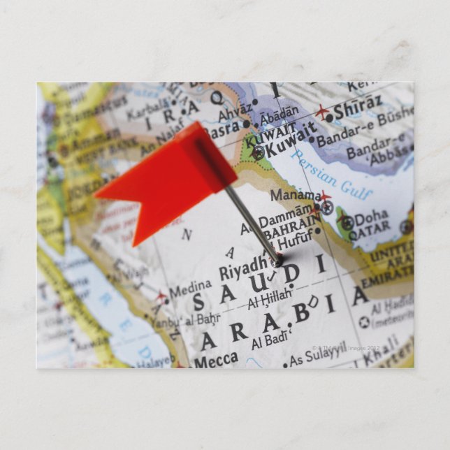 Map pin placed in Riyadh, Saudi Arabia on map, Postcard (Front)