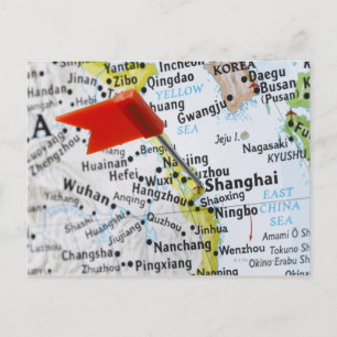 Map pin placed in Shanghai, China on map, Postcard