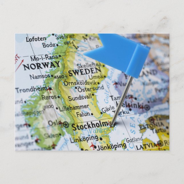 Map pin placed on Stockholm, Sweden on map, Postcard (Front)