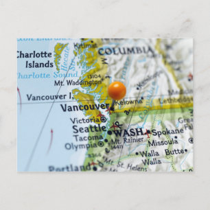 Map pin placed on Vancouver, Canada on map, Postcard