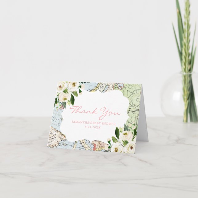Map Travel Theme Pink Baby Shower Thank You Card (Front)