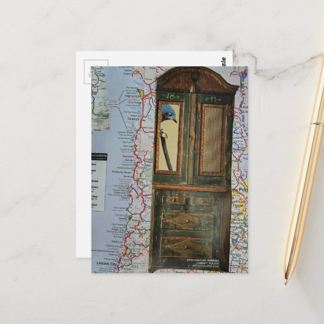 Map with Bird in a Dresser Collage Postcard (Front/Back In Situ)