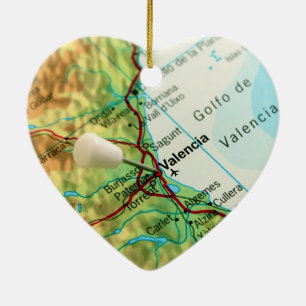 Map with pin pointing to city of Valencia in Spain Ceramic Tree Decoration