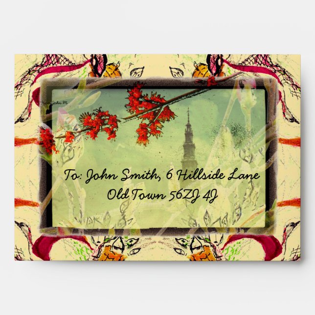 Maple and Magnolia Blossom with old tower elegant Envelope (Front)