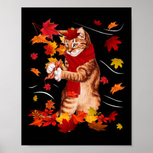 Maple Cat Autumn Maple Hello Fall Leaf Gift Women Poster