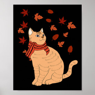 Maple Cat Leaf Fall Hello Autumn Fun Cat Poster