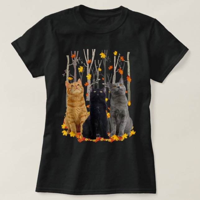Maple Cat Leaf Fall Hello Autumn Funny Kitty  T-Shirt (Design Front)