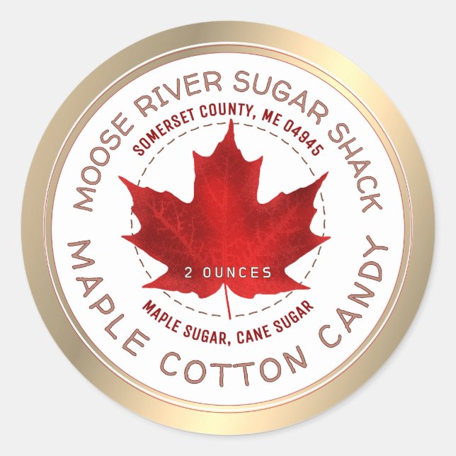 Maple Cotton Candy Gold Border Red Maple Leaf Classic Round Sticker (Front)