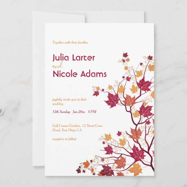 Maple Fall Dried Bud Flowers Leaves Wedding Invitation (Front)