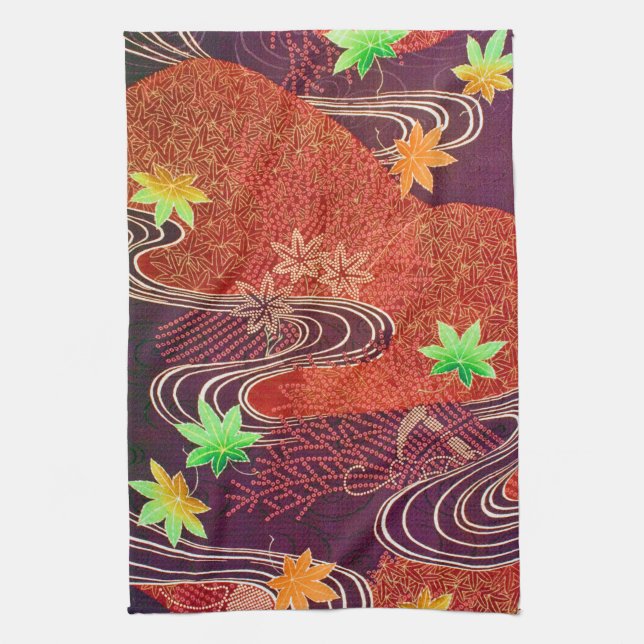 Maple Leaf and Running Water, Japanese Design Tea Towel (Vertical)