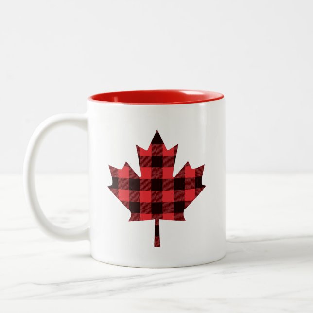 Maple Leaf Buffalo Plaid Check Pattern Two-Tone Coffee Mug (Left)