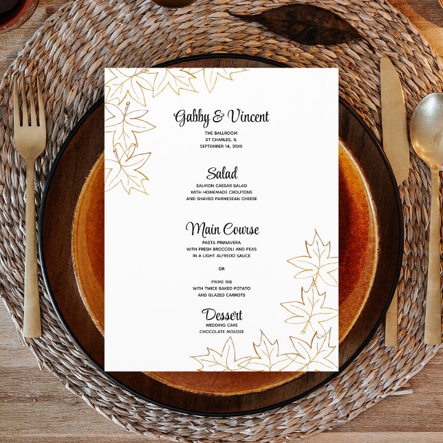 Maple Leaf Edge Fall Wedding Menu (Fall in love with this autumn leaves wedding menu.)