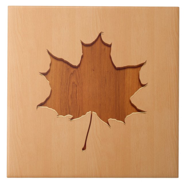 Maple leaf engraved on wood design tile (Front)