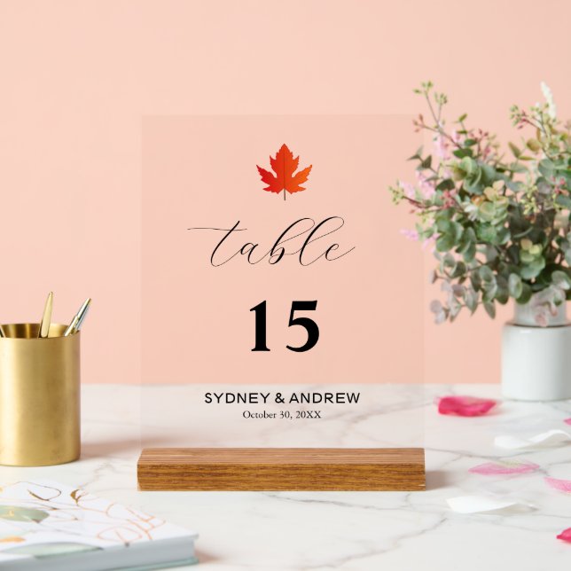 Maple Leaf Modern Elegant Script Wedding Table No. Acrylic Sign (Wedding)