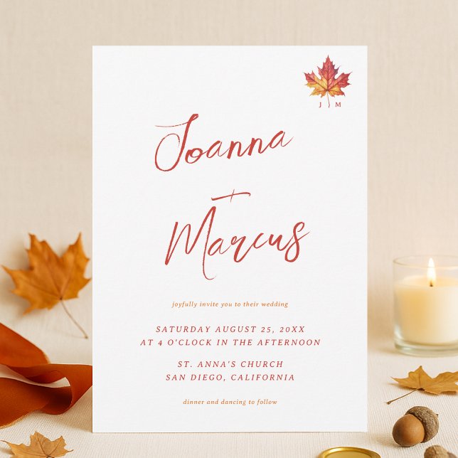 Maple Leaf Monogram Script Casual Fall Wedding Invitation (Creator Uploaded)