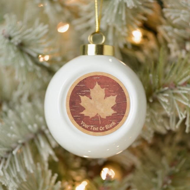 Maple Leaf On Inner Birch Bark Ceramic Ball Christmas Ornament (Tree)