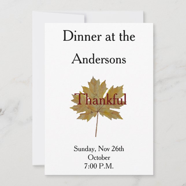 Maple leaf thankful fall colours watercolor dinner invitation (Front)