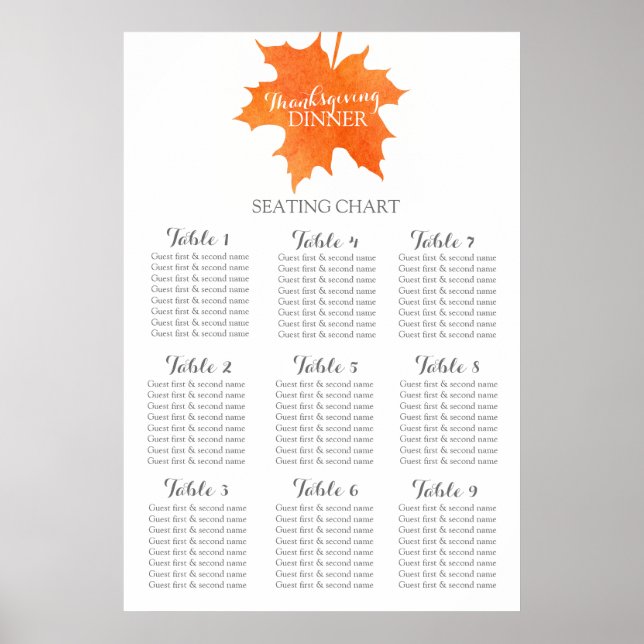 Maple leaf thanksgiving dinner Table Planner 1-9 Poster (Front)