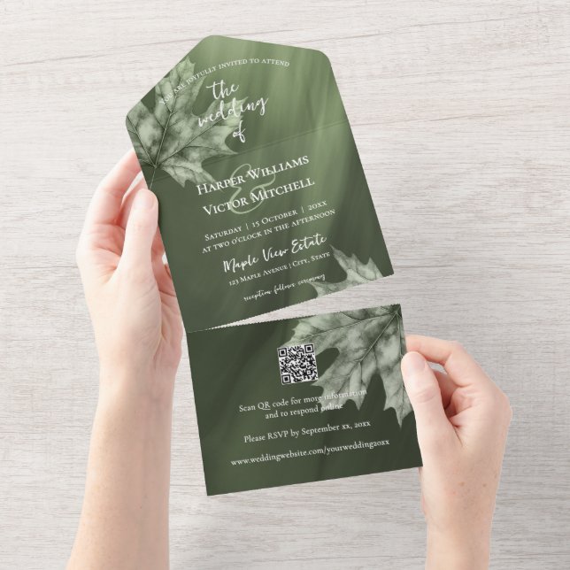 maple leaves accent on moss green QR code All In One Invitation (Tearaway)