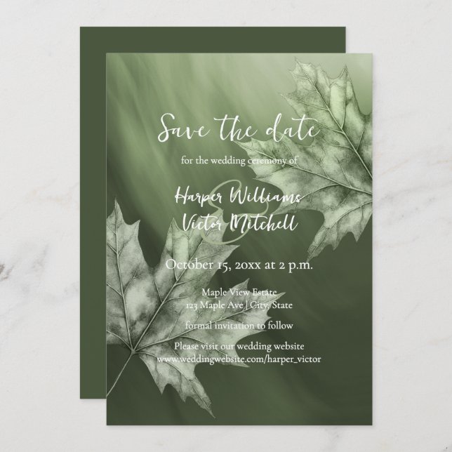 maple leaves accenting dark green fall wedding save the date (Front/Back)