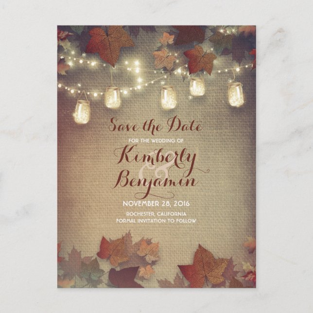 Maple Leaves and Mason Jars Fall Save the Date Announcement Postcard (Front)