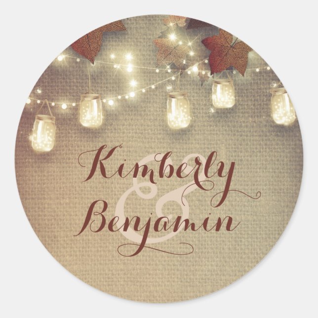 Maple Leaves and Rustic Mason Jar Lights Wedding Classic Round Sticker (Front)