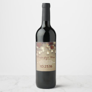 Maple Leaves and String Lights Rustic Fall Wedding Wine Label