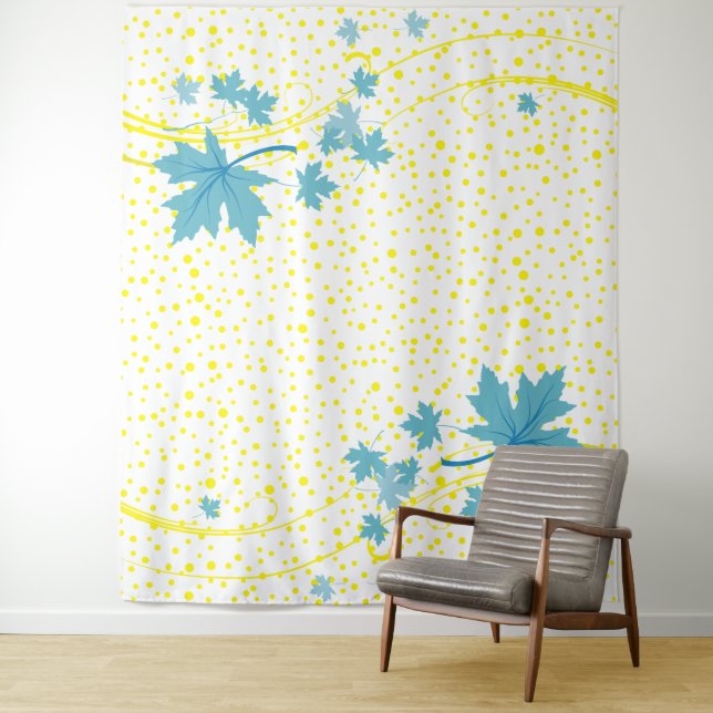Maple leaves aqua and yellow polka dots tapestry (In Situ)
