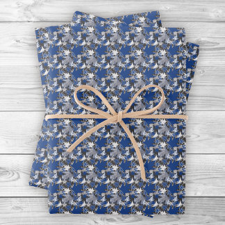 Maple Leaves Blue on a Charcoal Background Wrapping Paper Sheet