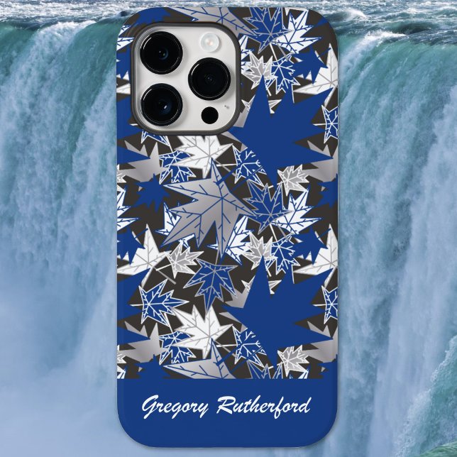 Maple Leaves Blue on Charcoal Phone Case (Maple Leaves - Blue-White-Gray - Phone Case)